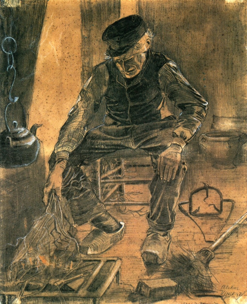 An Old Man Putting Dry Rice on the Hearth, 1881